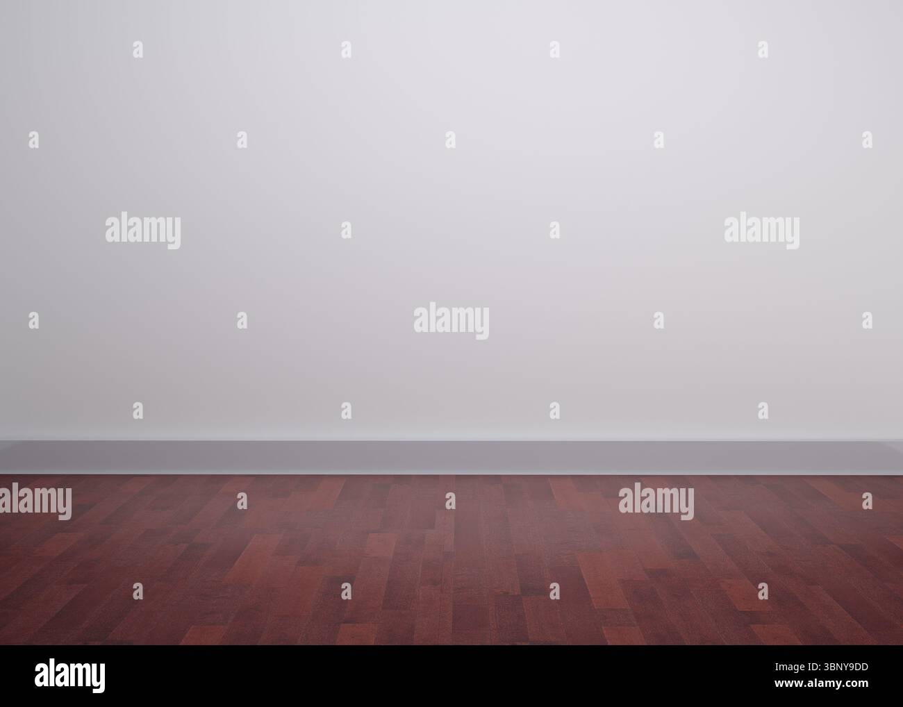 Le camere vuote presentano pareti lisce di colore chiaro sopra il pavimento di legno scuro e spazio per copie dal design piatto Foto Stock