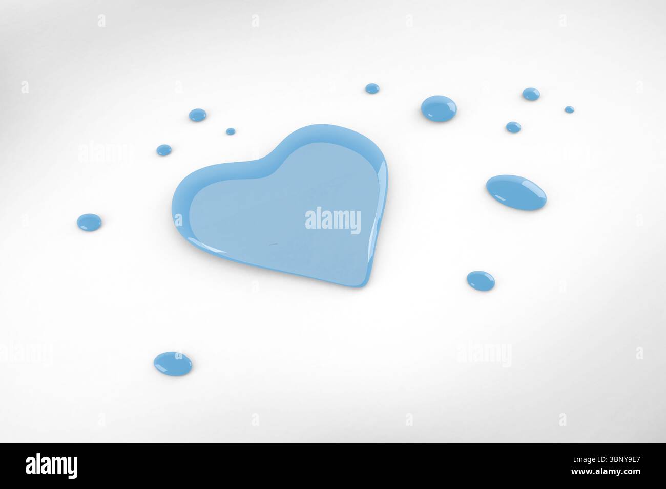 La goccia blu lucido a forma di cuore con rendering 3D poggia su una superficie bianca senza cuciture con gocce più piccole Foto Stock