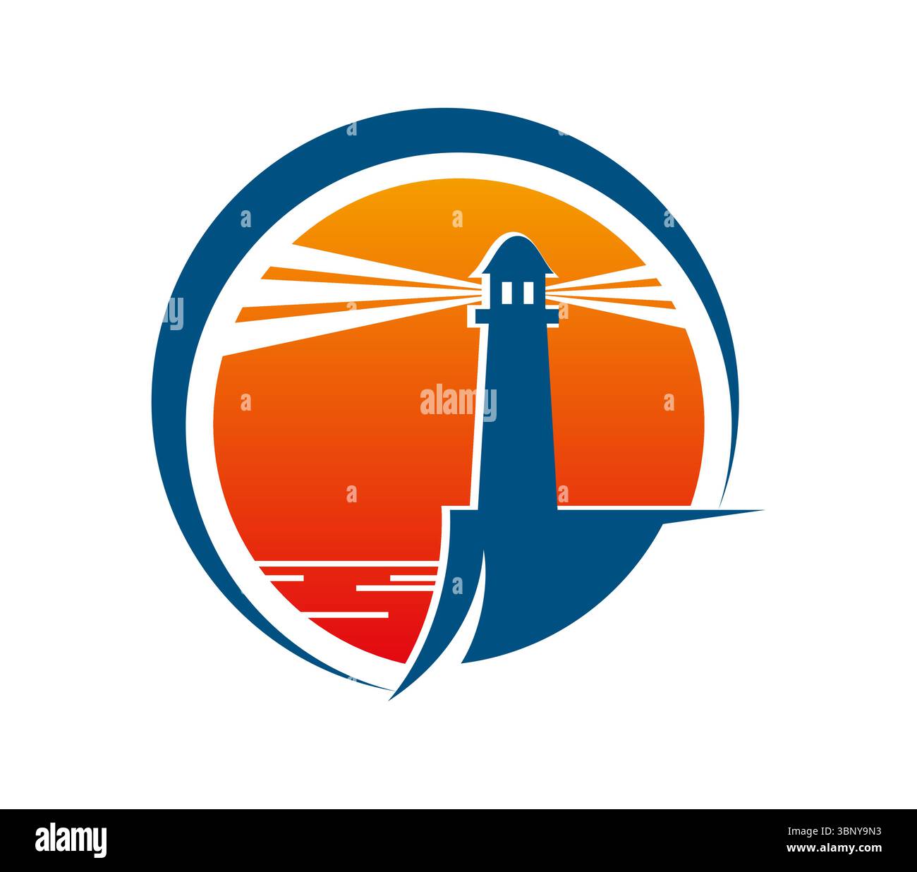 Faro e faro icona della sagoma della torre faro del porto, emblema vettoriale. Faro icona della bussola della nave o isola marina e spiaggia oceanica, torre di segnalazione marina del porto con fasci di luce Illustrazione Vettoriale