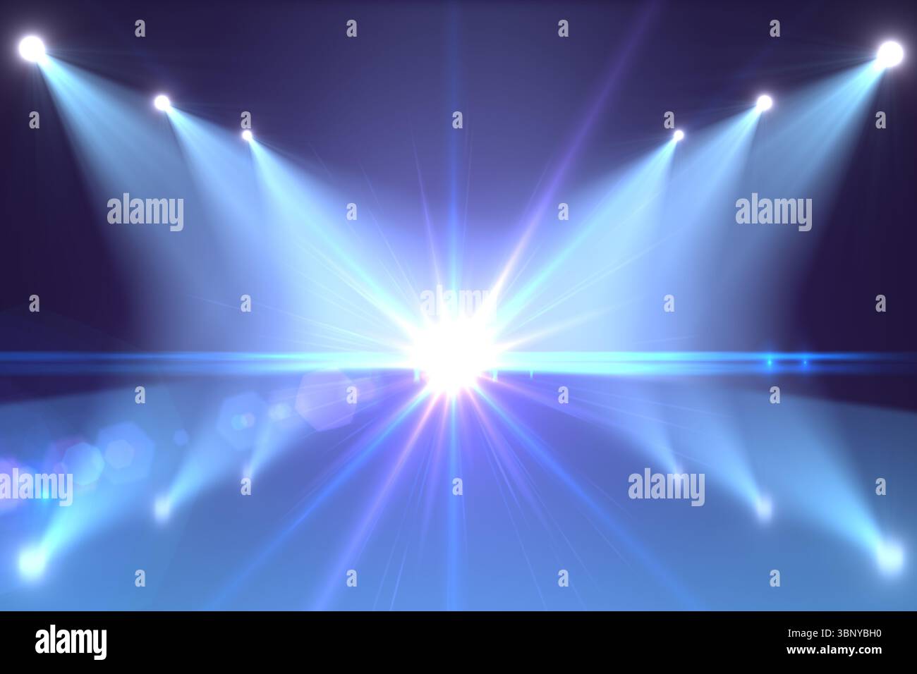 L'illuminazione del palcoscenico con rendering 3D sta creando un'esplosione stellare con fasci di luce blu sul pavimento riflettente Foto Stock