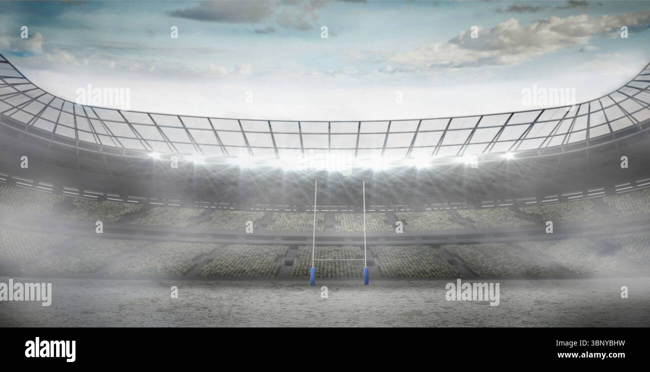 Stadio dal design piatto che mostra pali da rugby con tetto traslucido piazzole blu e luci che brillano nella nebbia Foto Stock