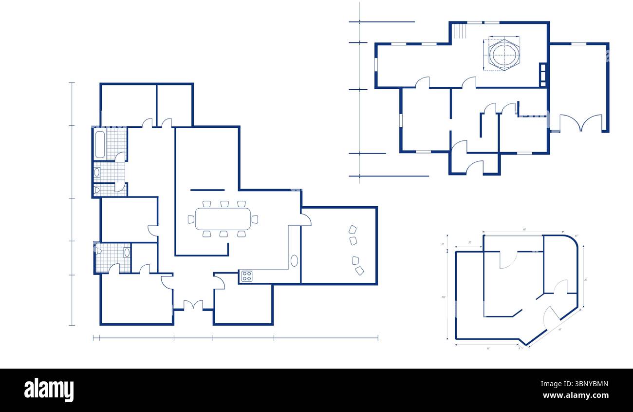 Progetti architettonici che mostrano soggiorno, pranzo, cucina, bagno con dimensioni e design piatto Foto Stock