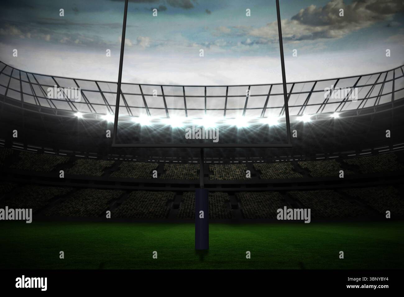 Il design piatto mostra il palo da calcio con base imbottita sul prato sotto la tettoia illuminata con sedili Foto Stock