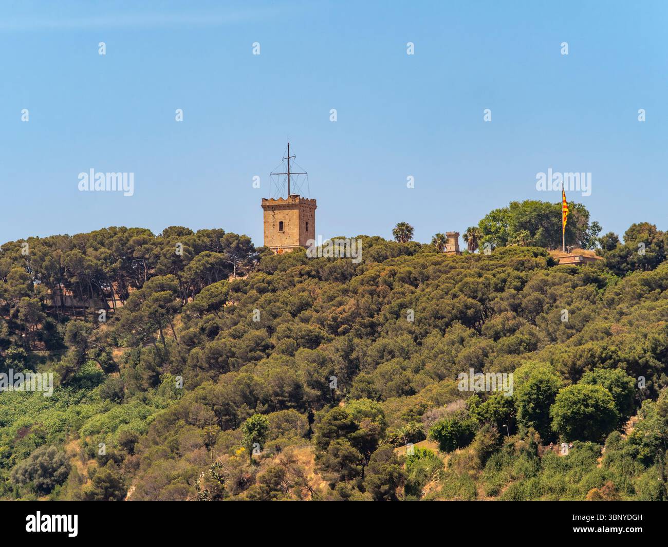 La storica torre di avvistamento del Castello di Montjuic, che si erge sopra le cime degli alberi in una soleggiata giornata estiva, con una bandiera catalana che sventola, Barcellona, Spagna. Foto Stock