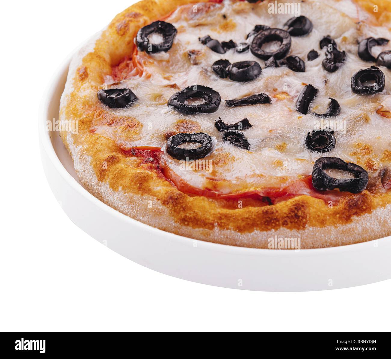 Cibo natura morta, mini pizza con olive e formaggio sul piatto Foto Stock