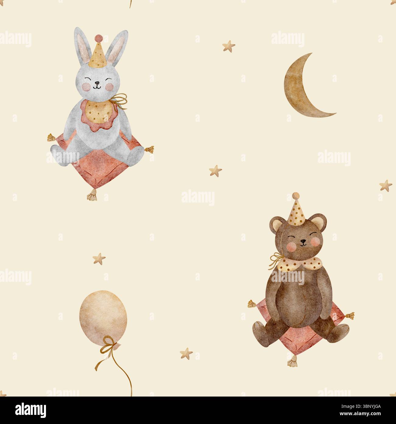 Illustrazione ad acquerello lepre, coniglio, orso, luna, stelle, palloncino. Giocattoli per animali disegnati a mano in stile vintage. Stampa uniforme su sfondo beige Foto Stock