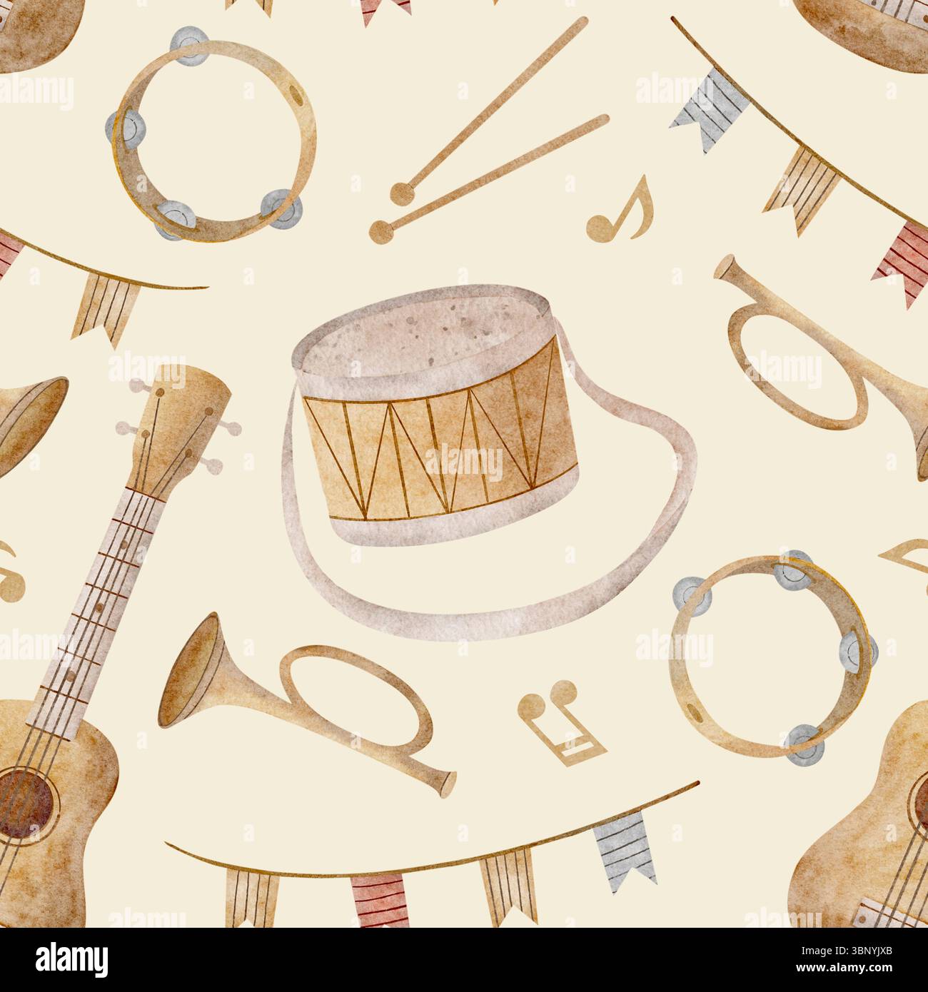 Strumenti musicali motivo acquerello, chitarra, batteria, tromba, note. Illustrazione disegnata a mano. Stampa senza cuciture in stile per bambini su sfondo beige Foto Stock