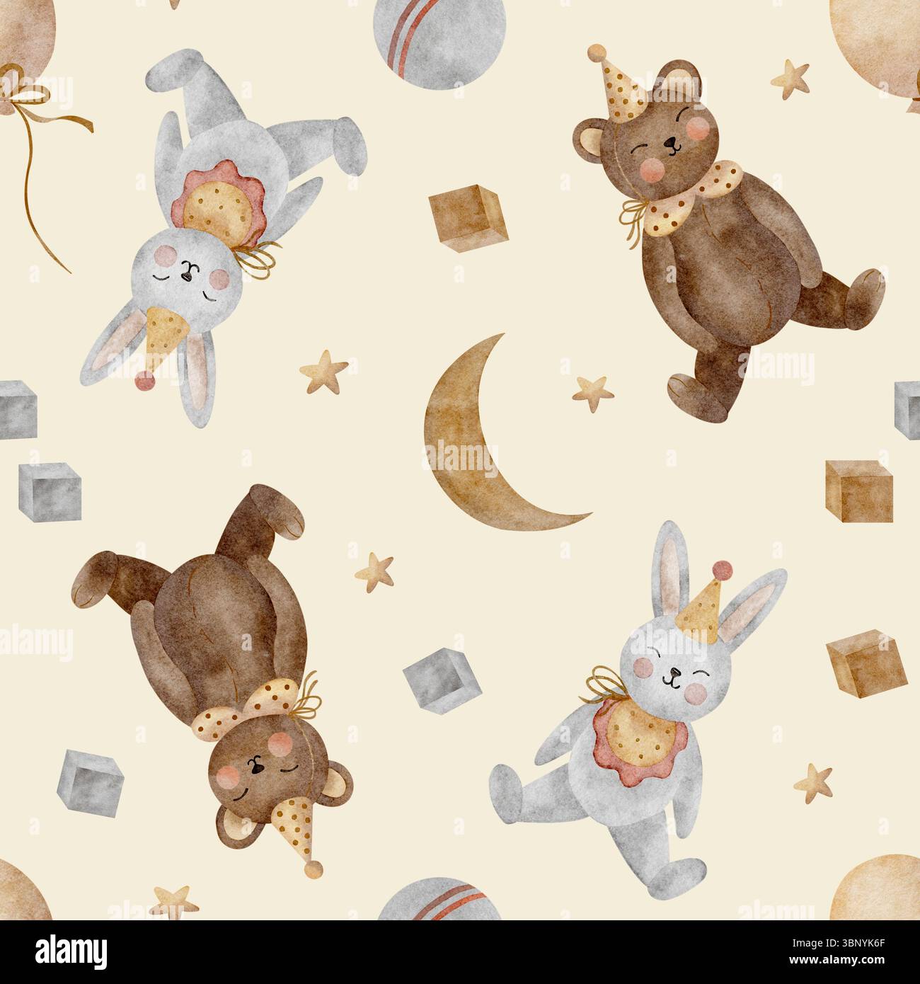 Illustrazione ad acquerello animali lepre orso, stelle lunari, palloncino. Giocattoli vintage disegnati a mano nello stile dei bambini. Stampa senza cuciture su beige Foto Stock