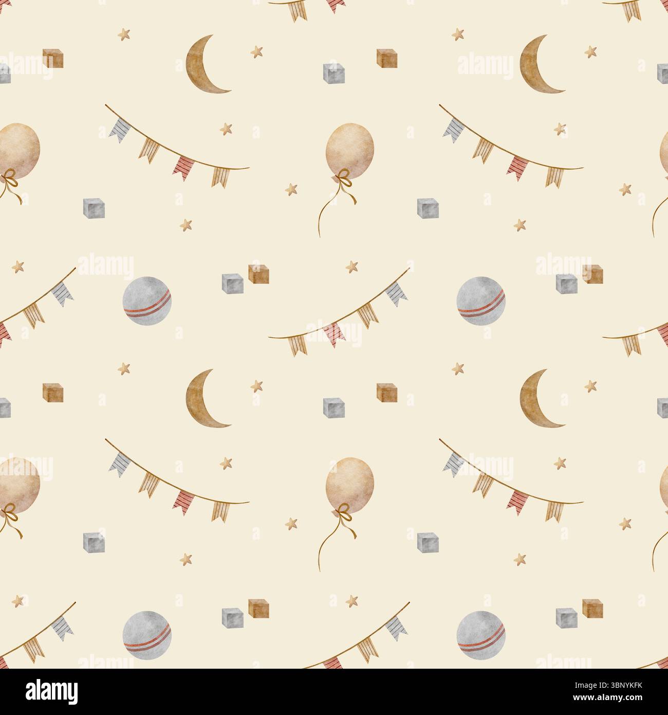 ghirlande di bandiere con motivo senza cuciture, cubi di legno a palloncino, stelle di luna beige. Illustrazione ad acquerello disegnata a mano in stile per bambini su sfondo beige Foto Stock