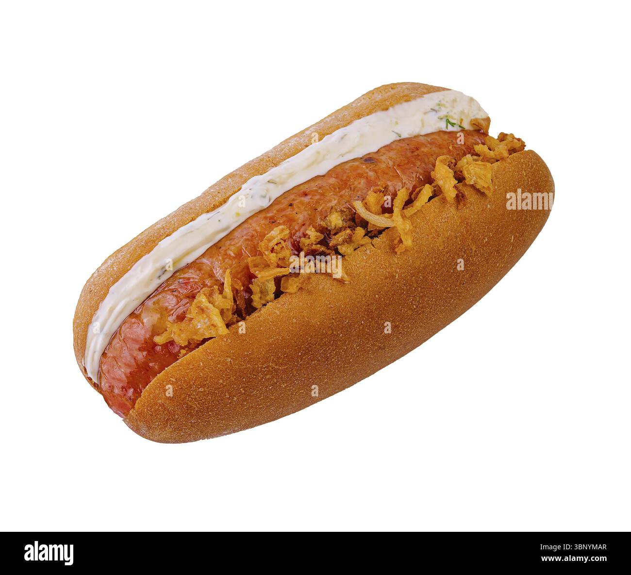 Natura morta, hot dog con salsiccia, maionese e cipolle fritte Foto Stock