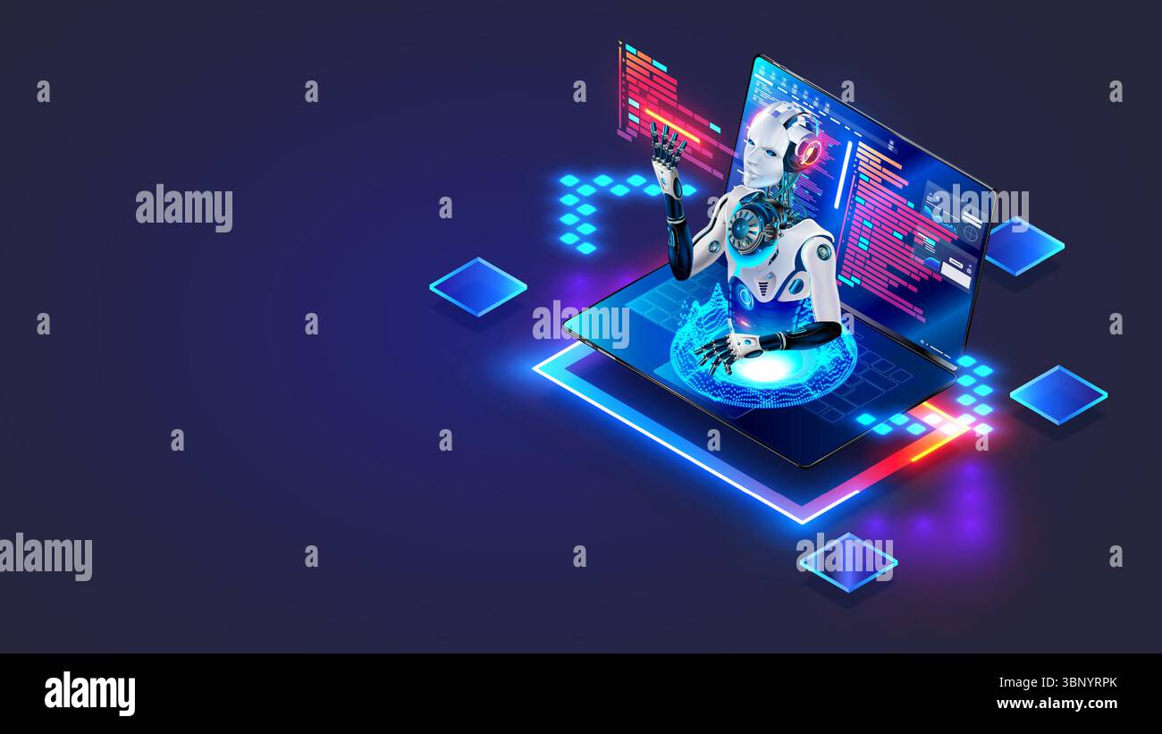 Un chatbot di intelligenza artificiale aiuta un programmatore a programmare. Un'intelligenza artificiale sotto forma di robot sgancia la testa dallo schermo di un notebook. Creare Illustrazione Vettoriale