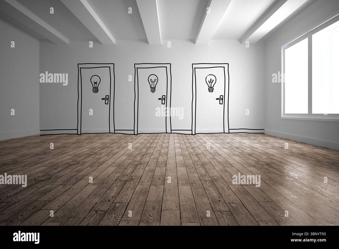 Illustrazione di un design piatto che mostra tre porte disegnate con icone a lampadina su pavimento in legno vicino alla finestra Foto Stock