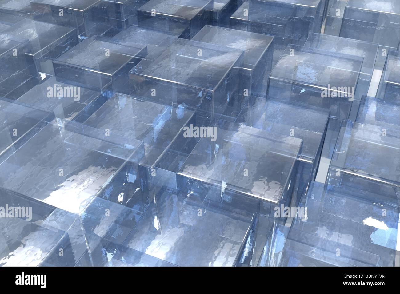 I prismi in vetro traslucido formano una griglia sfalsata nel rendering 3D, mostrando riflessi bagnati blu Foto Stock