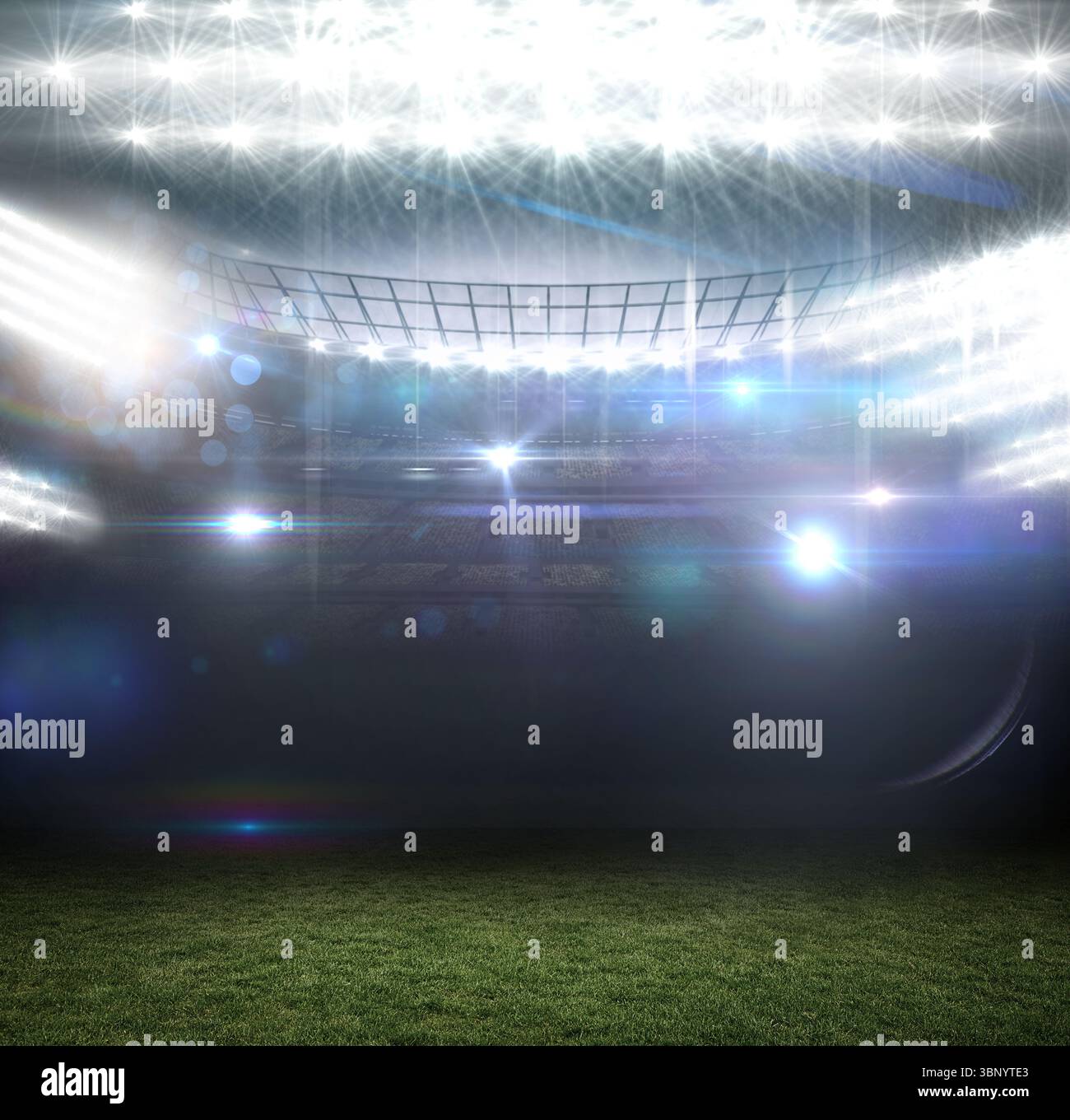 Lo stadio sportivo vuoto viene mostrato con rendering 3D, proiettori, rastrelli delle lenti e campo in erba Foto Stock