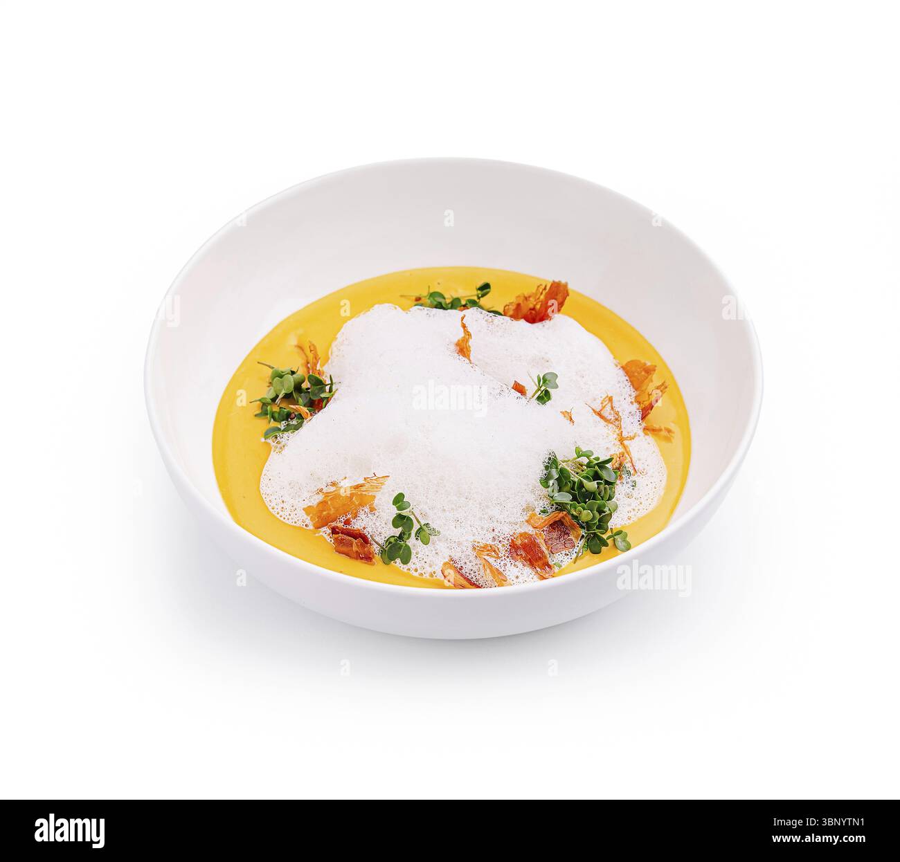 Food STILL-Life, Un piatto splendidamente presentato presenta una vivace zuppa di arancia ricoperta da schiuma schiuma, erbe aromatiche ed elementi croccanti. Il contrasto del col Foto Stock