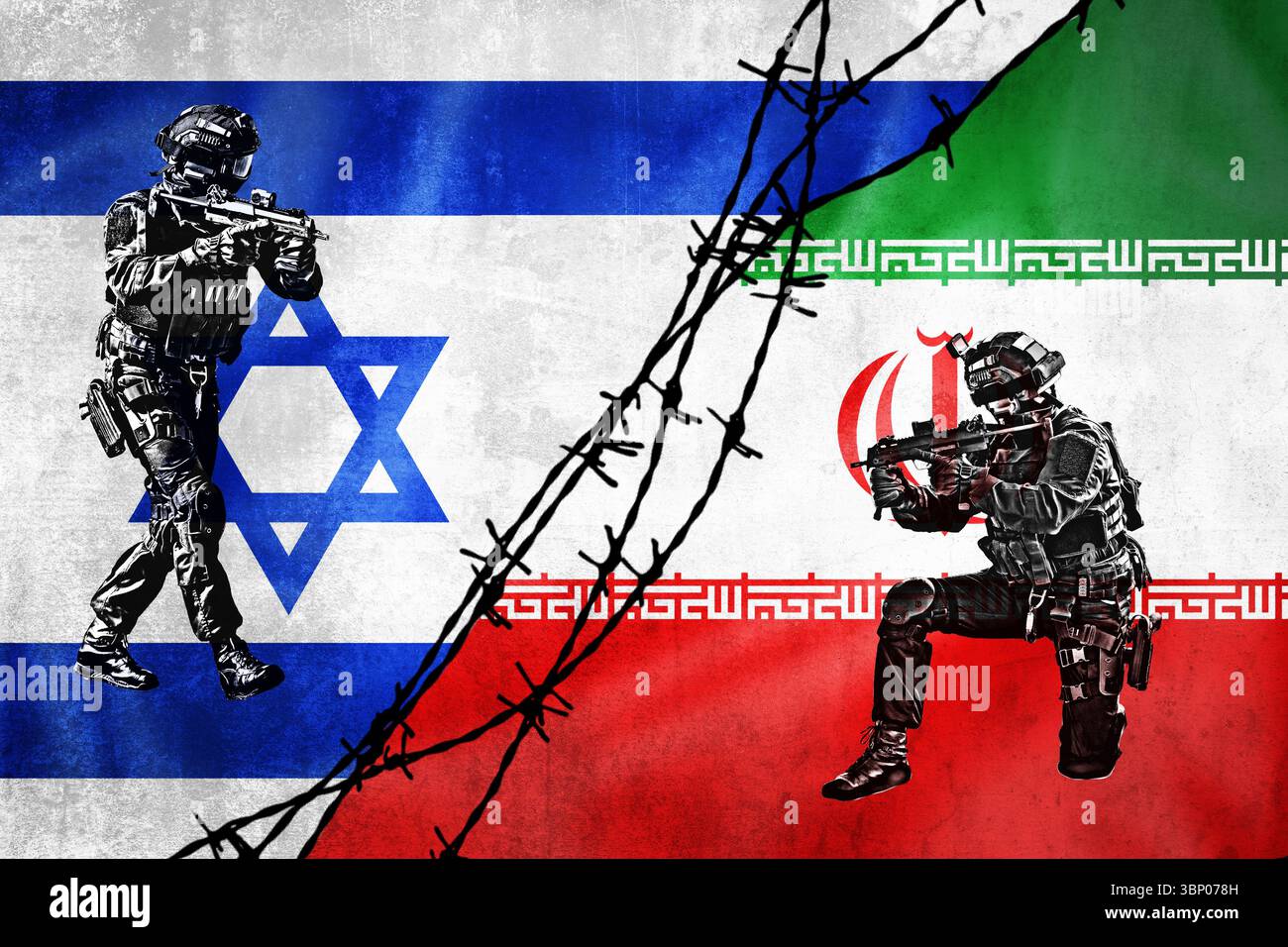 Bandiere grunge di Israele e Iran divise per illustrazione a filo di aratro, soldati che puntano le armi, concetto di due paesi della guerra Foto Stock