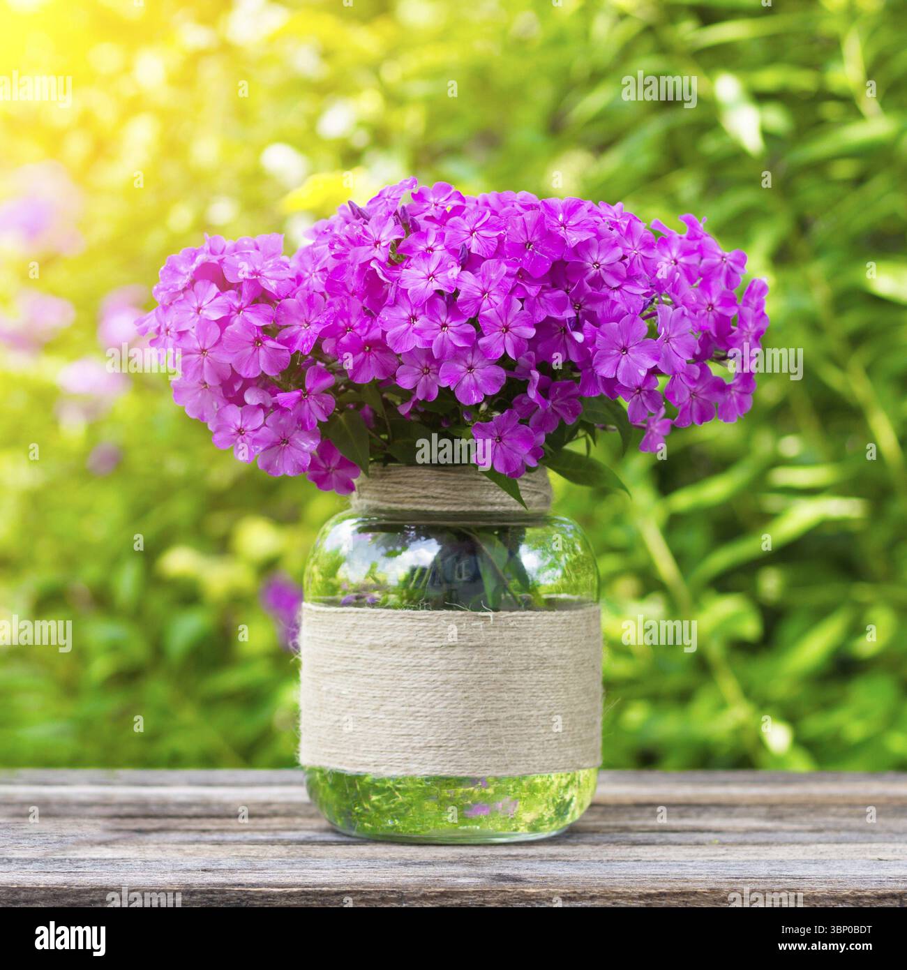 Sommerstillleben mit einem Blumenstrauss aus Phloxblueten in einer Vintage-Glasvase auf einem Tisch vor dem Hintergrund eines gruenen Gartens im Sonne Foto Stock