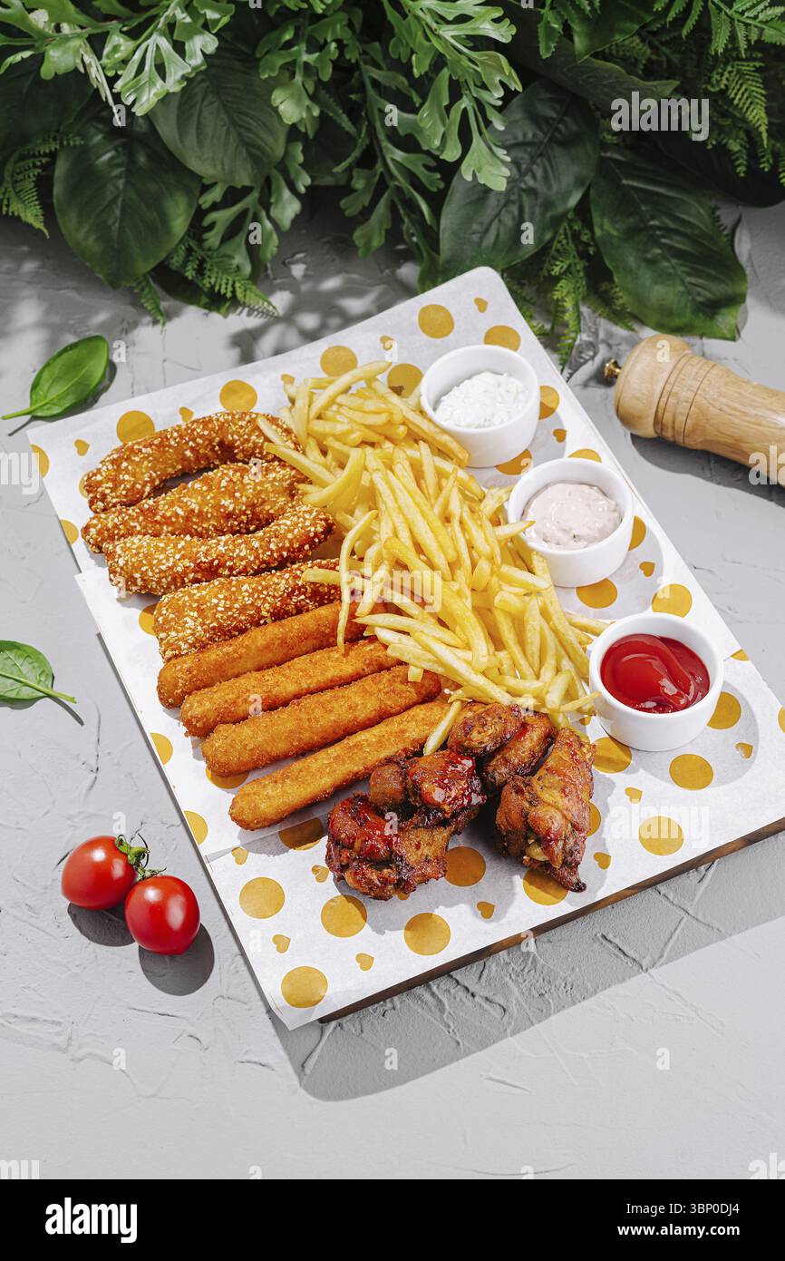 Food STILL-Life, Un abbondante piatto con pollo fritto croccante, patatine fritte dorate e spuntini salati è guarnito con erbe fresche. Gli accompagnamenti includono Foto Stock