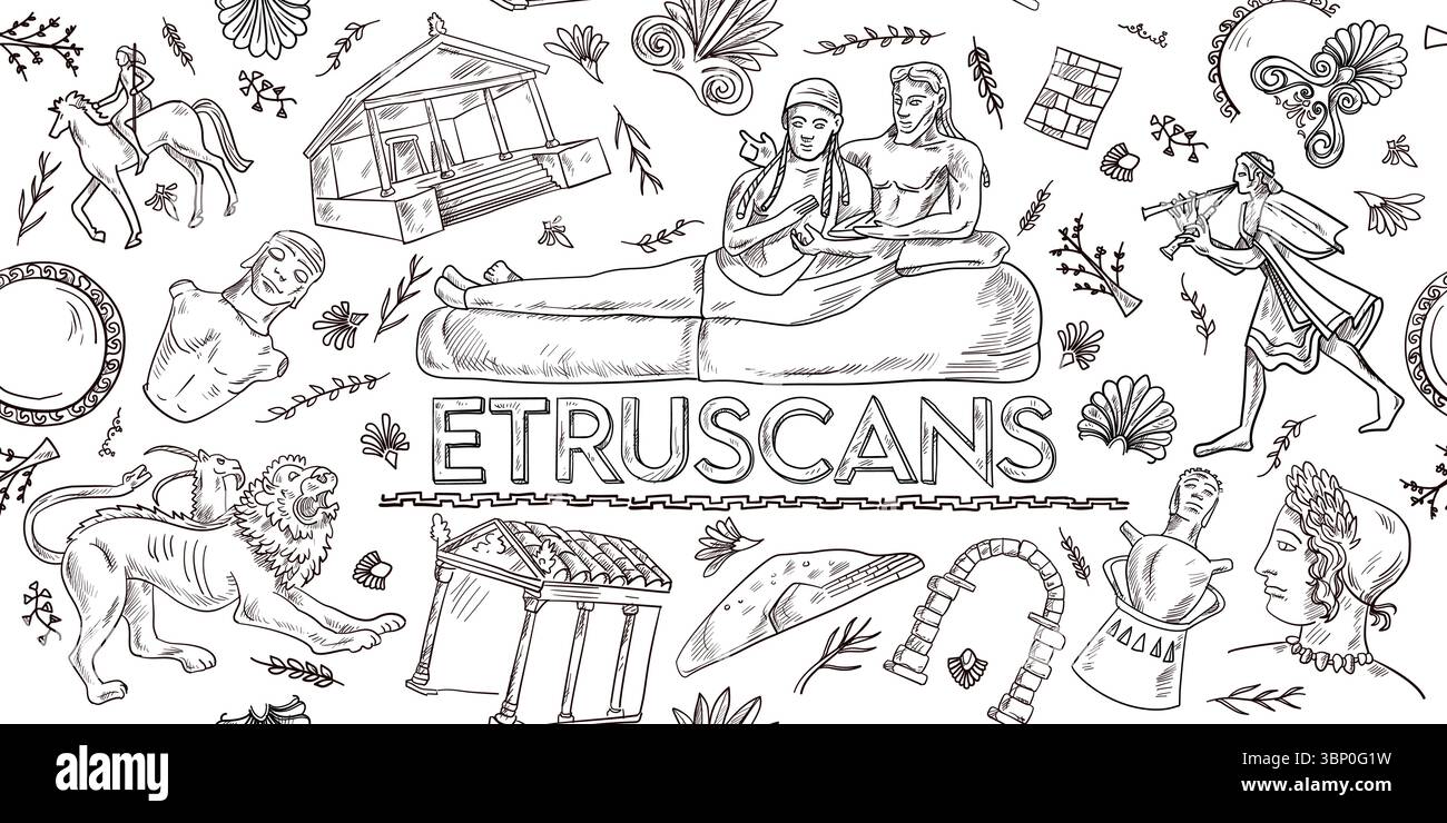 Antico striscione orizzontale etrusco Doodles. sfondo vettoriale Illustrazione Vettoriale