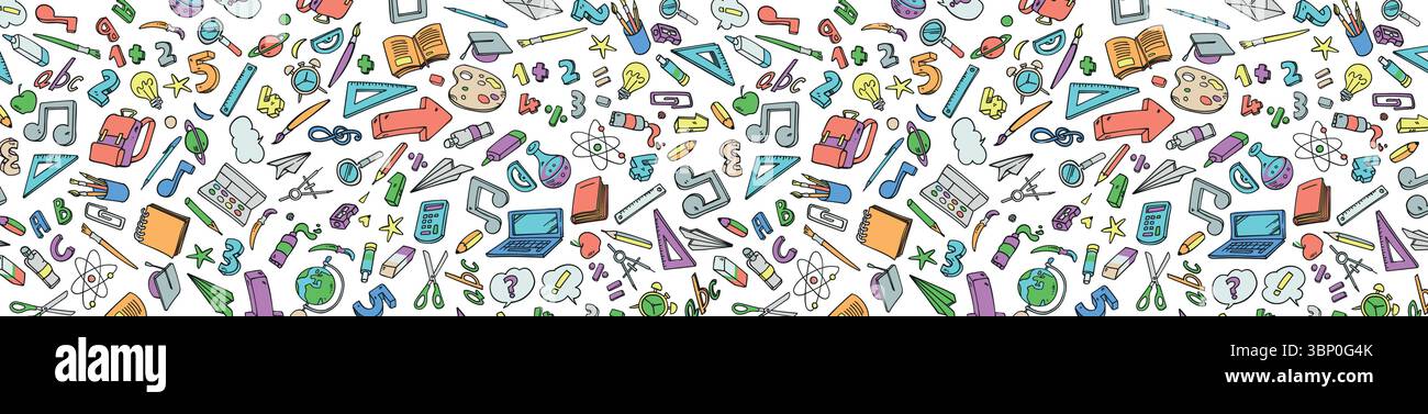 Sfondo orizzontale con boodle scolastiche disegnate a mano. illustrazione vettoriale Illustrazione Vettoriale