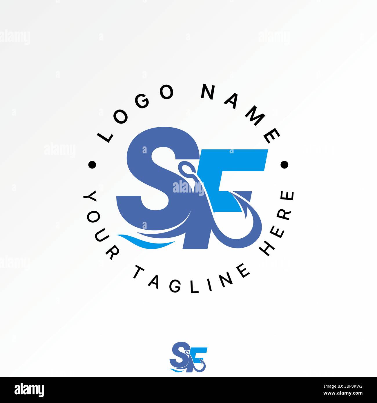 Design del logo concept grafico immagine vettoriale premium originale font SF con lettera di vendita collegato al gancio da pesca all'hobby oceanico delle attrezzature dei pescatori Illustrazione Vettoriale