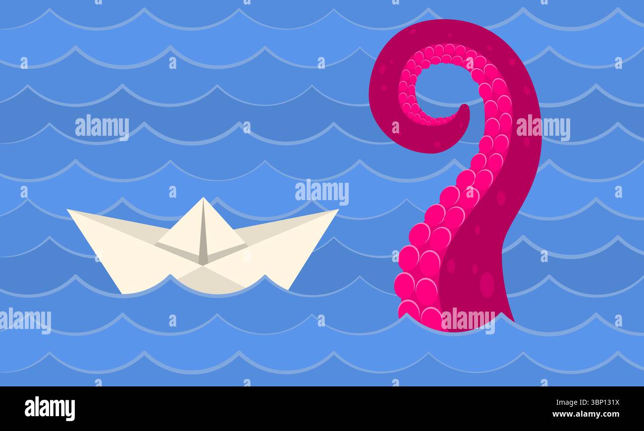 Immagine vettoriale minima di una barca di carta che galleggia sul mare vicino a un grande tentacolo rosa che emerge dall'acqua. Giocosa, astratta e fantasiosa Illustrazione Vettoriale