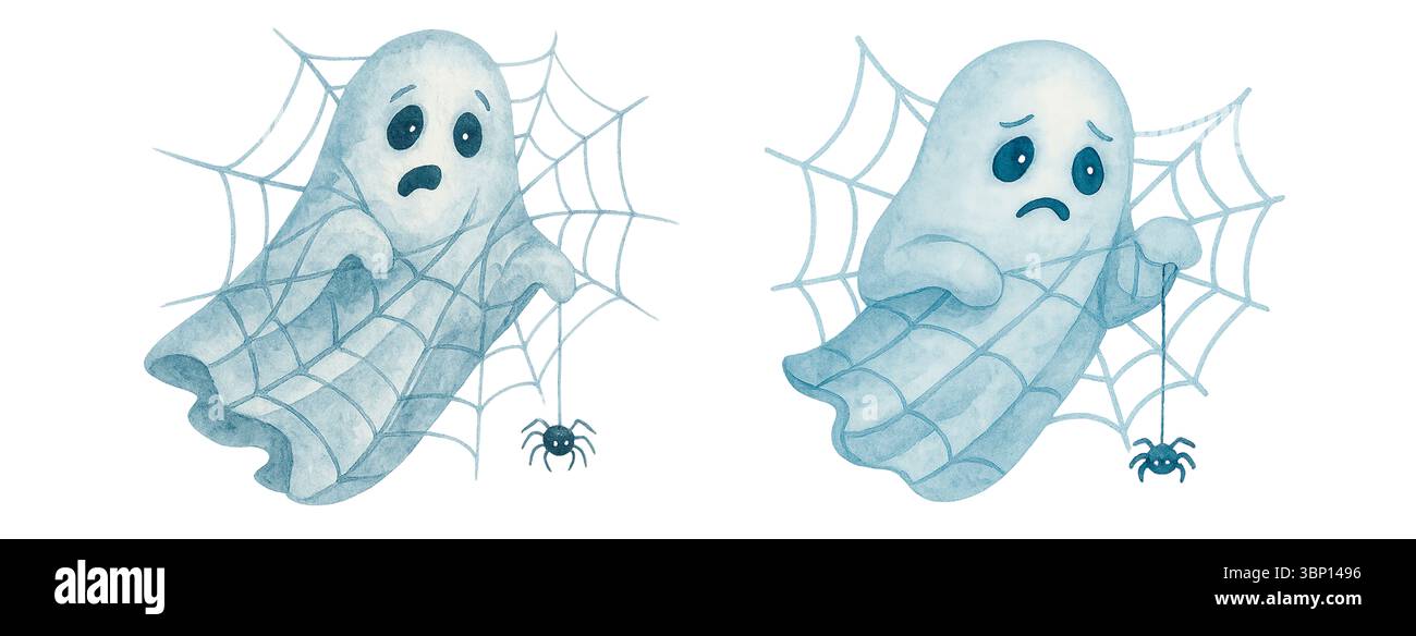 Grazioso fantasma triste avvolto in ragnatela - illustrazione di Halloween color pastello Foto Stock