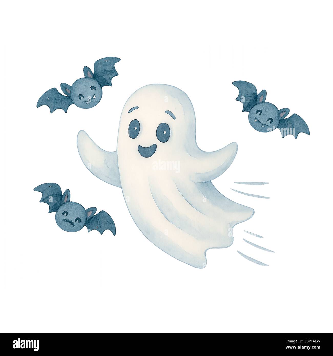 Fantasma volante con pipistrelli – carino cartone animato di Halloween Foto Stock