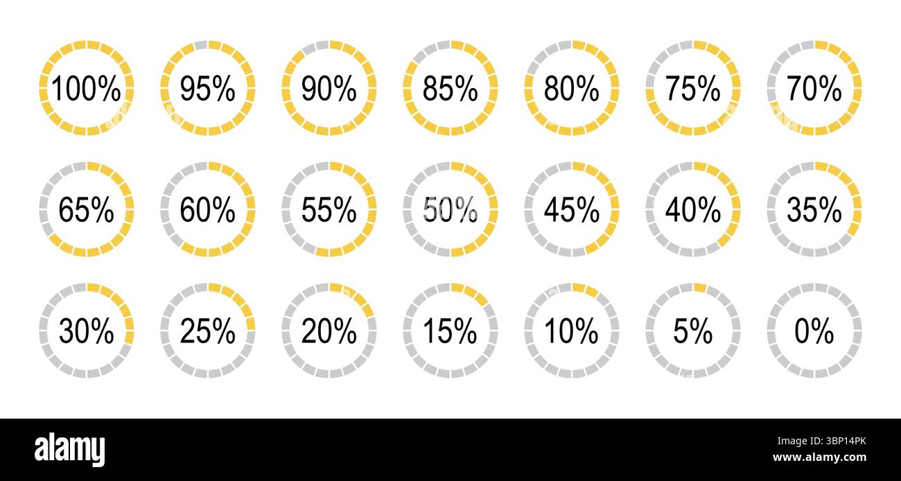 Elementi infografici percentuale. Set di icone di diagrammi rotondi per infografiche da 0 a 100%. Pizze pizze di colore giallo, grigio, grafici a torta Illustrazione Vettoriale