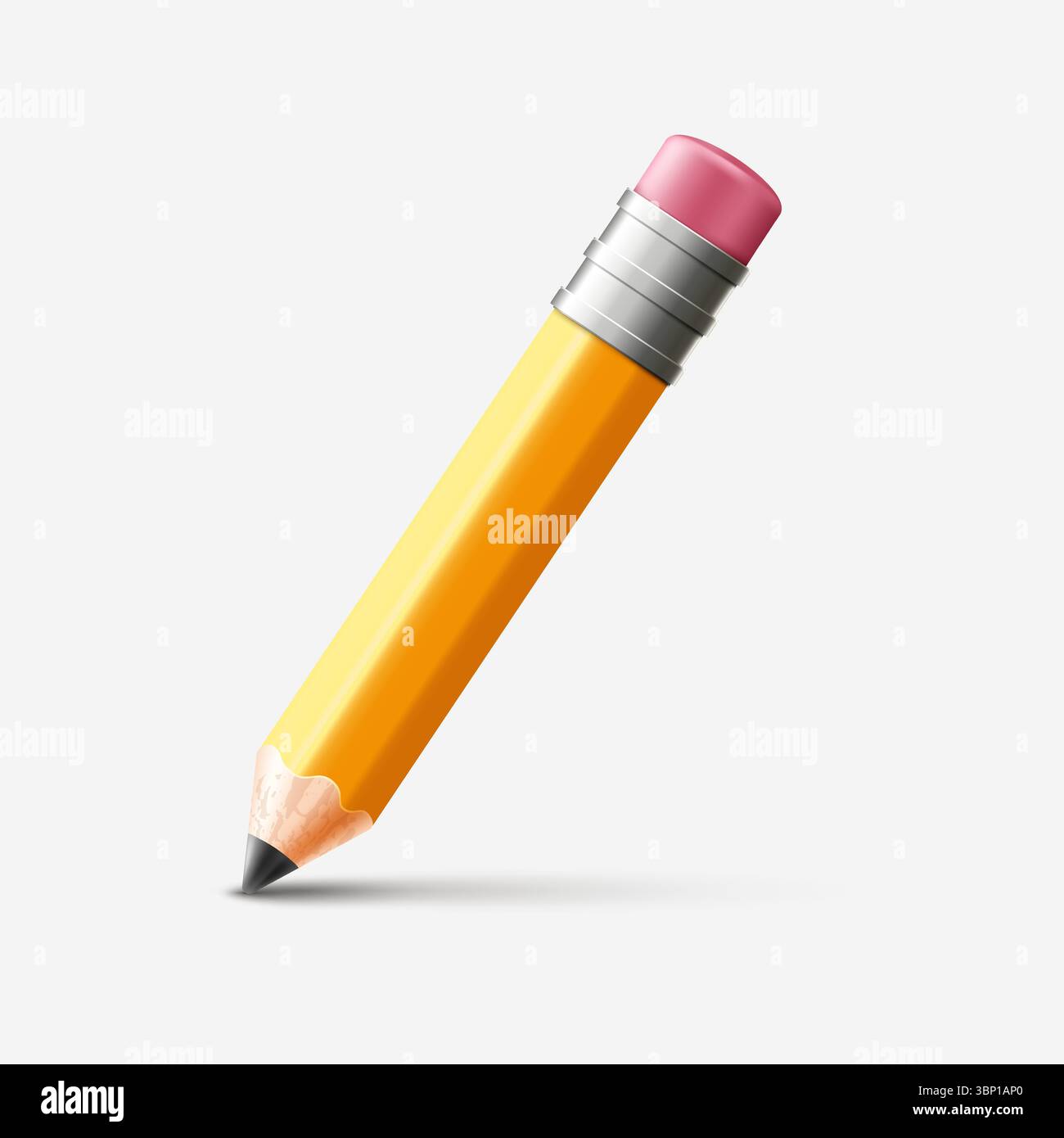 Matita volumetrica in legno 3D gialla con gomma. Illustrazione Vettoriale
