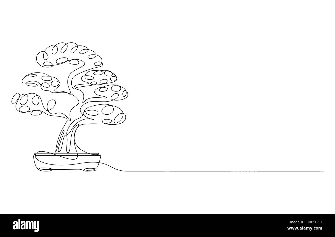 Bonsai Tree in Pot Line Art, Bonsai Tree Line Art minimalista, Illustrazione Vettoriale