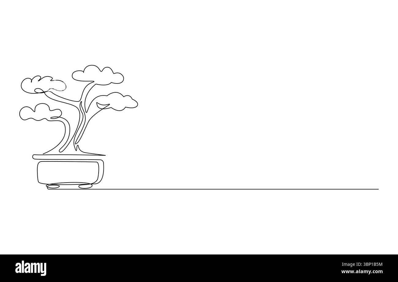 Bonsai Tree in Pot Line Art, Bonsai Tree Line Art minimalista, Illustrazione Vettoriale