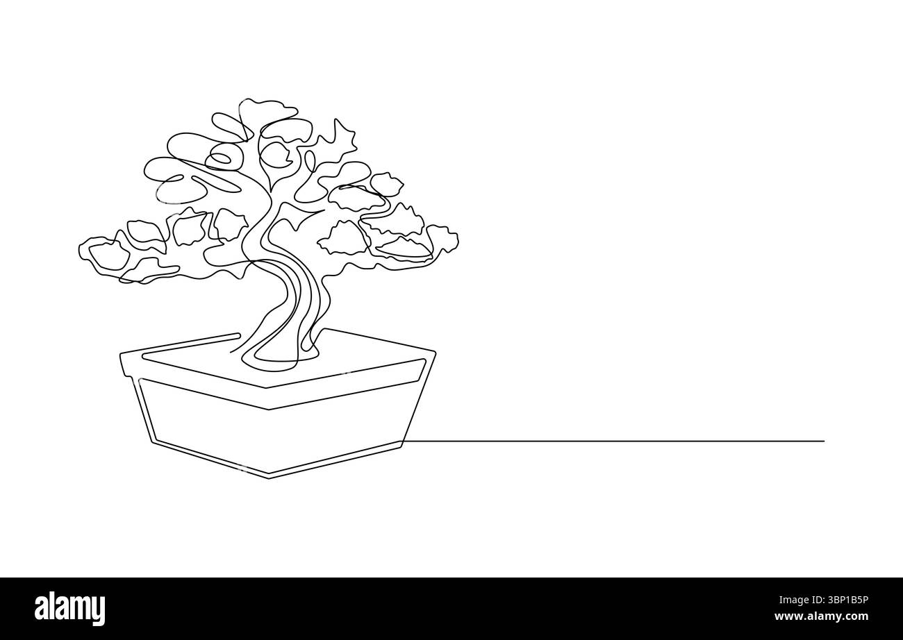 Bonsai Tree in Pot Line Art, Bonsai Tree Line Art minimalista, Illustrazione Vettoriale