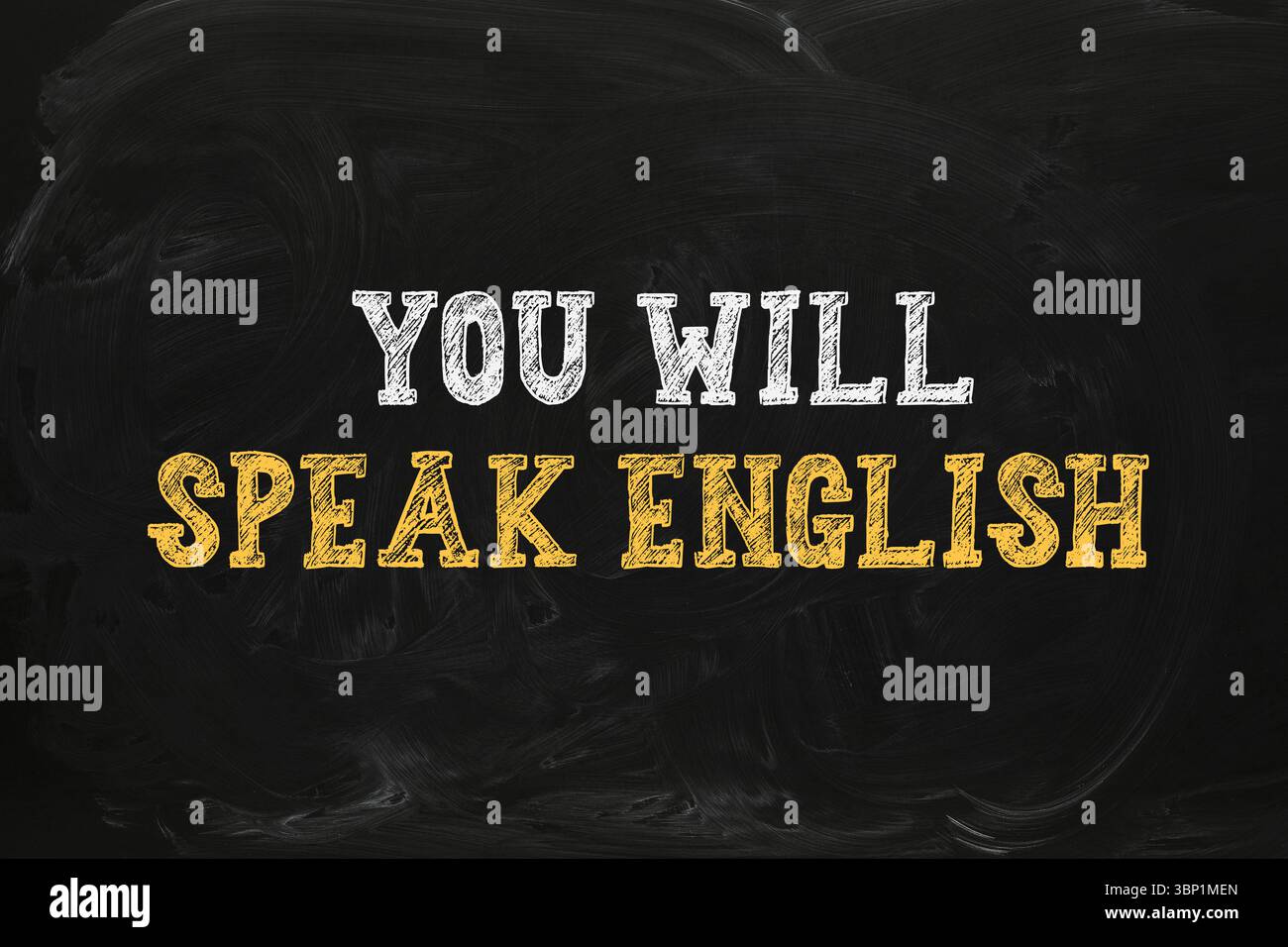 Parlerai un'iscrizione in inglese sulla lavagna nera. Corso di lingua Foto Stock