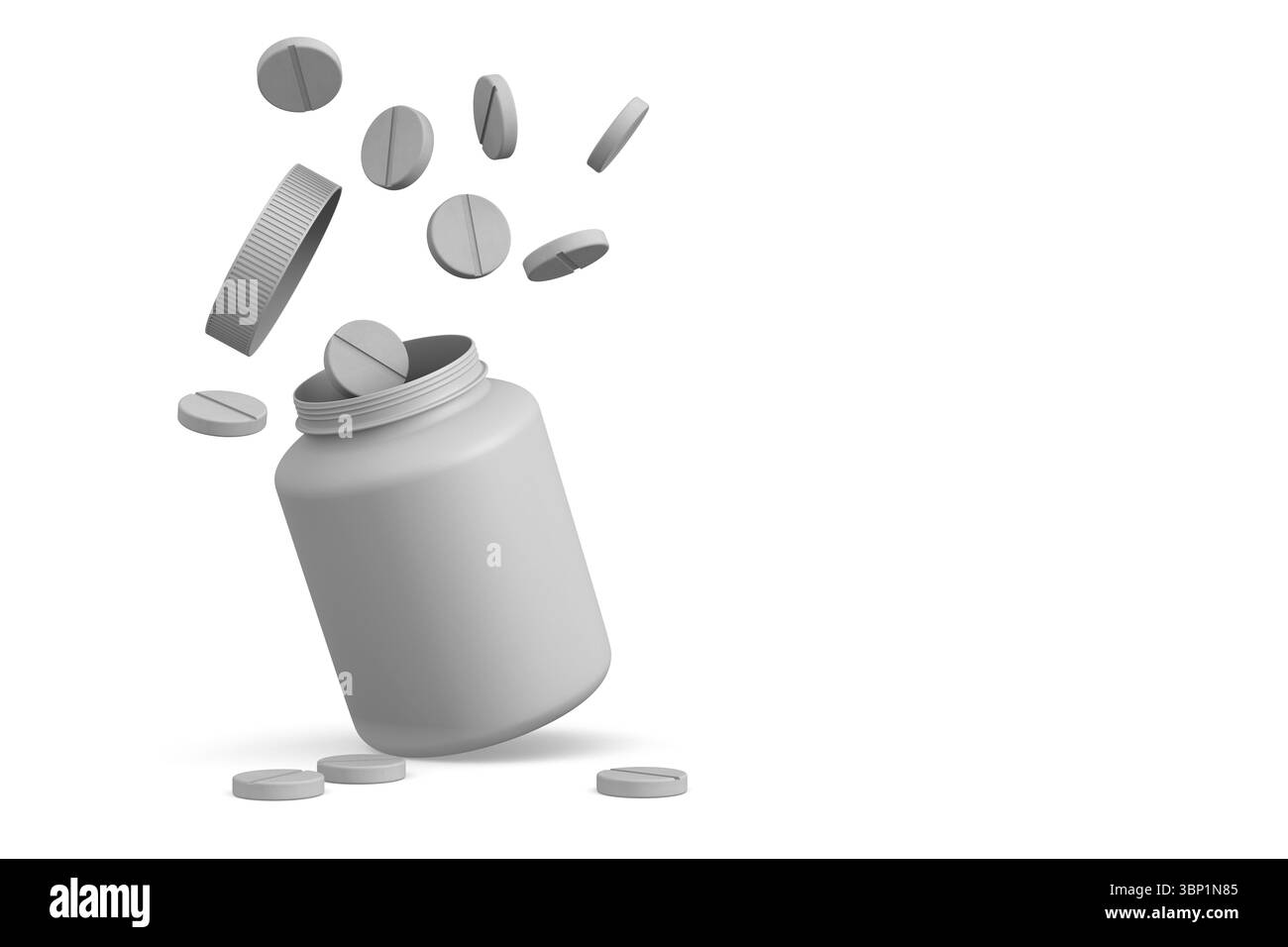 Bottiglia di medicinali bianca su sfondo bianco. Illustrazione 3D isolata Foto Stock