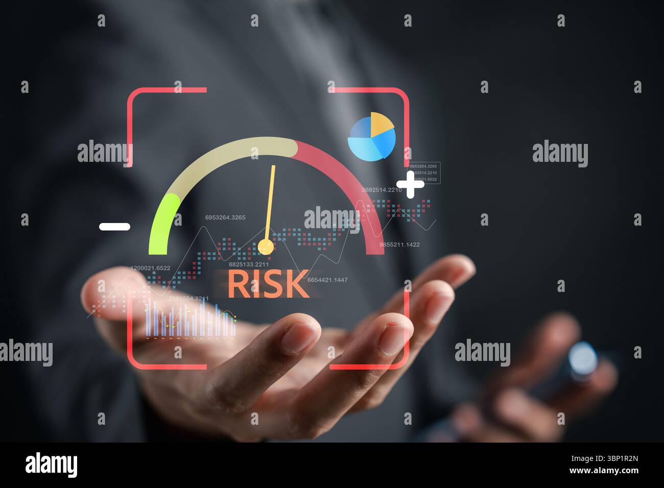 Concetto di gestione del rischio nell'investimento di indicatori del livello di rischio, grafici dei dati finanziari e dashboard di analisi. Ideale per la finanza, la strategia commerciale, gli investimenti Foto Stock
