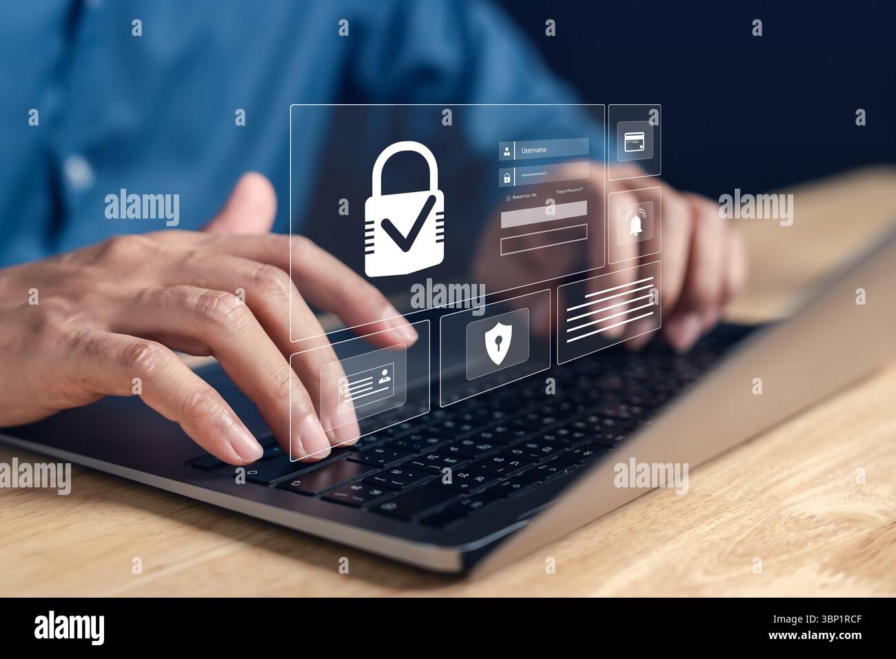 Tecnologia di cybersecurity per la protezione dei dati, accesso sicuro, autenticazione dell'utente e controllo della privacy Foto Stock