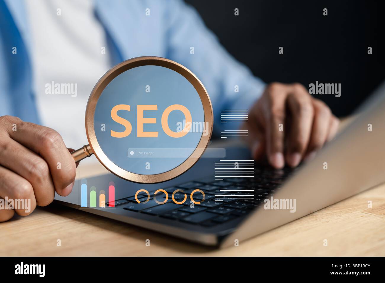 Ottimizzazione SEO, posizionamento nei motori di ricerca, strategia di contenuto, analisi del traffico del sito web, parola chiave Foto Stock
