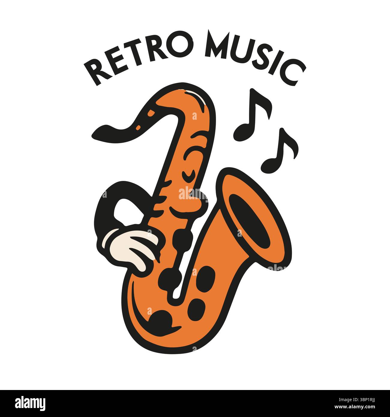 Sassofono retro Cartoon. Illustrazione dello strumento vintage Jazz. Sassofono cartoni animati stilizzato in stile vintage retrò, line art monocolore ideale per il jazz de Illustrazione Vettoriale