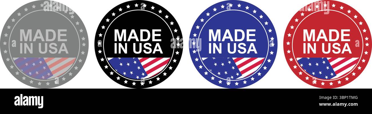 Set di badge con sigillo rotondo Made in USA in quattro colori Illustrazione Vettoriale