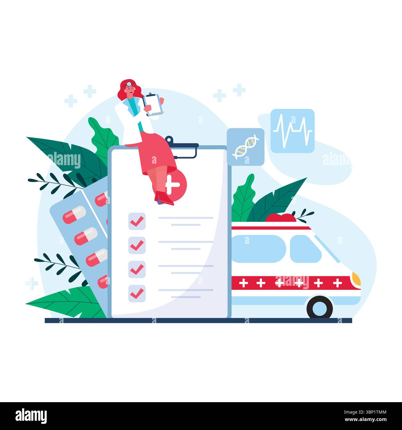 Flat National Doctor's day illustrazione con medico e ambulanza Illustrazione Vettoriale