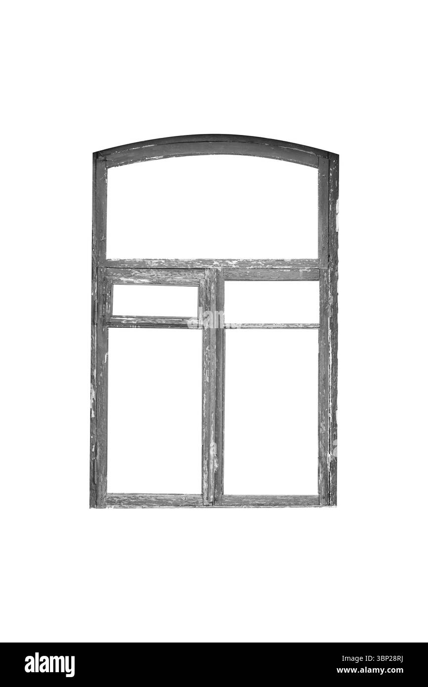 Antica finestra del XIX secolo in legno ad arco grigio isolata su sfondo bianco. Foto Stock