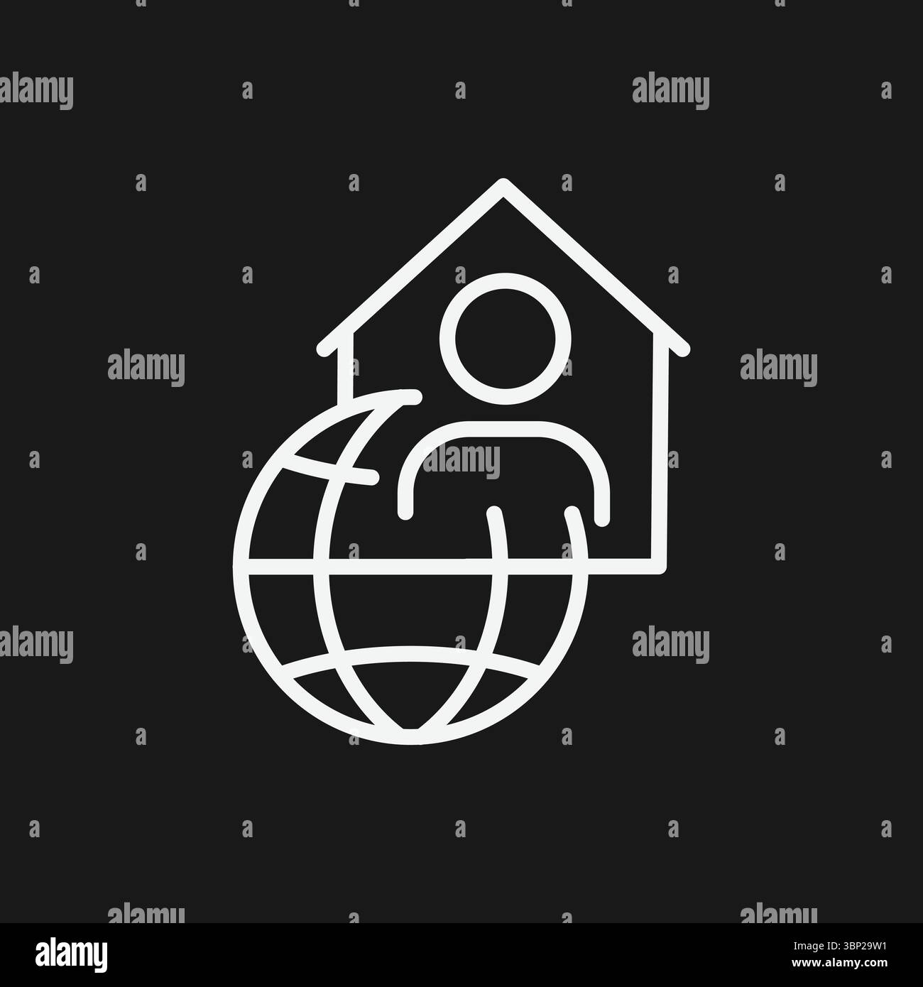Icona lavoro da casa e lavoro a distanza con la persona in House su Globe per la connettività globale Illustrazione Vettoriale