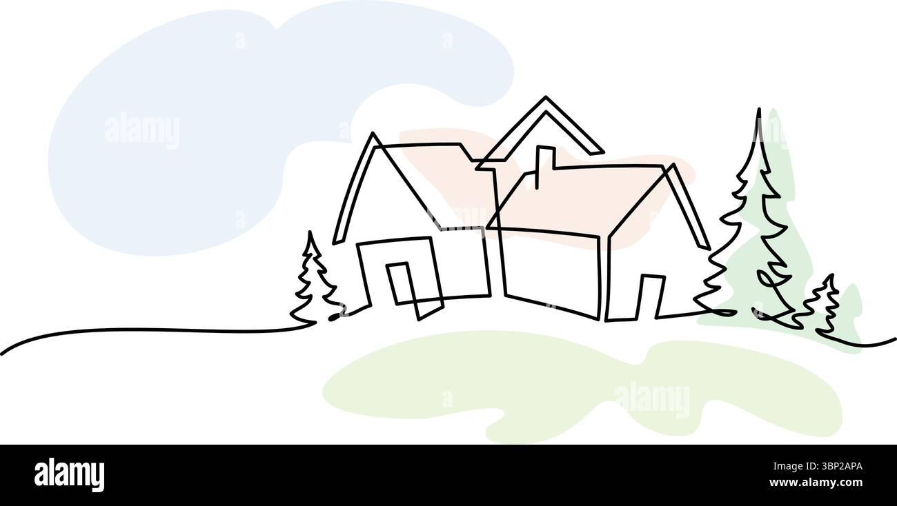 Paesaggio con case di villaggio sulla collina. Disegno continuo su una linea. Illustrazione Vettoriale
