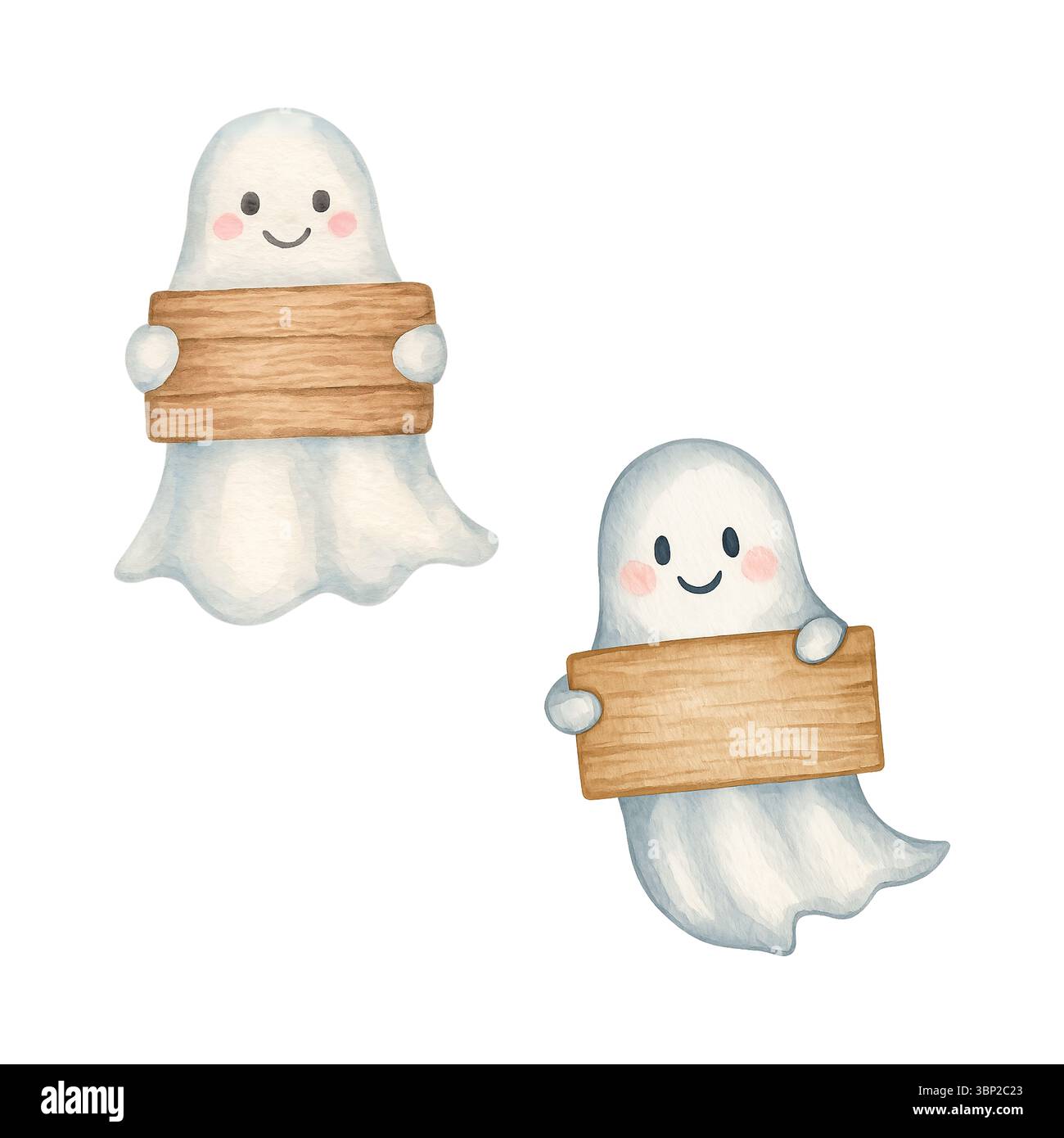Due simpatici fantasmi di Halloween con cartelli di legno vuoti - illustrazione di cartoni animati isolata Foto Stock