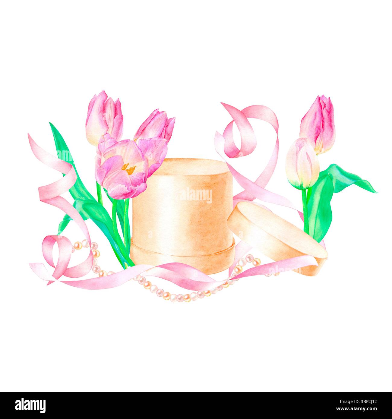 Composizione natalizia acquerello di una scatola marrone con coperchio, tulipani rosa, nastri e una serie di perle, disegnate a mano, isolate su sfondo bianco. Foto Stock