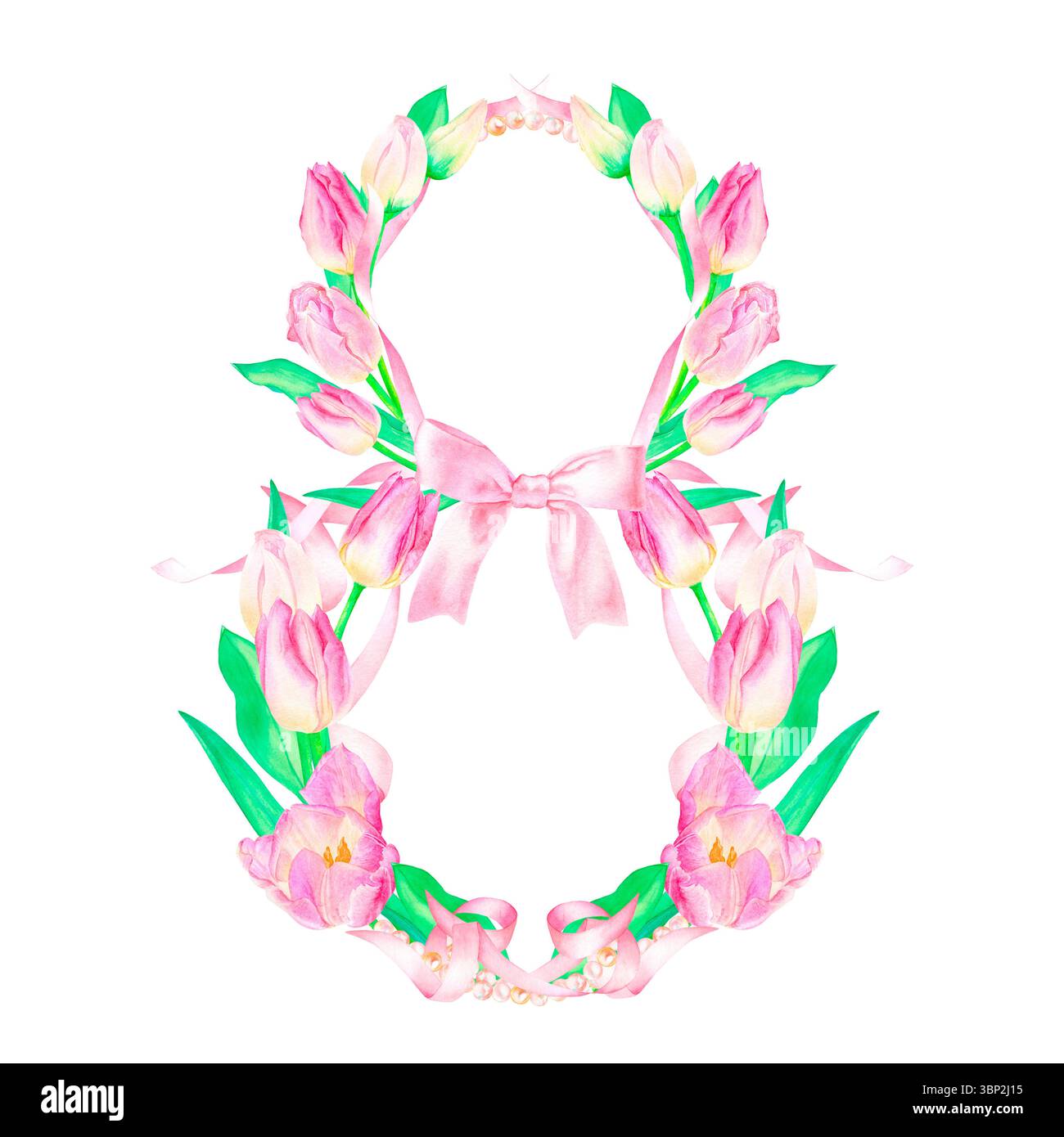 Allegra illustrazione ad acquerello con tulipani rosa, nastri, arco e perle a forma di otto su sfondo bianco. Elemento per merci, carte, congr Foto Stock