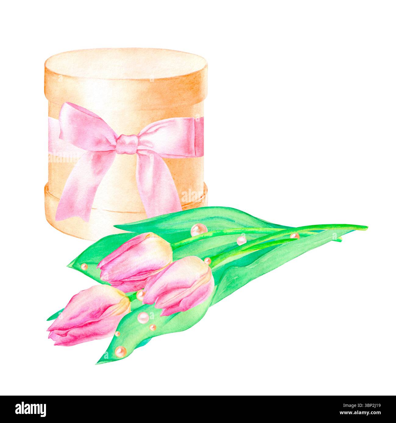 Illustrazione acquerello: Composizione festosa di una scatola con un arco, un bouquet con tulipani e perle, disegnata a mano. Isolato su sfondo bianco, Foto Stock