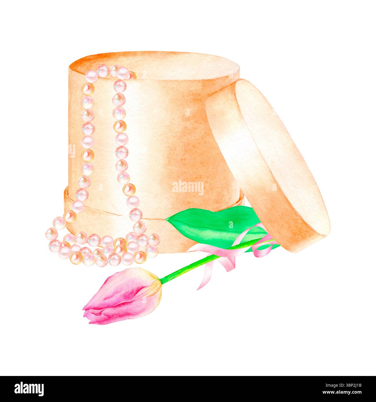 Illustrazione ad acquerello disegnata a mano. Composizione festosa con una serie di perle in una scatola marrone e un tulipano rosa con un nastro. Isolato su un bac bianco Foto Stock