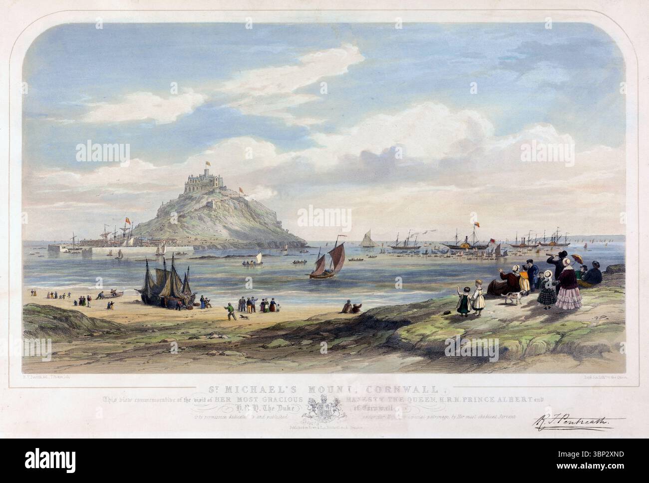 Un'incisione colorata con stampa di una vista di St Michaels Mount Cornwall intorno al 1850 di Thomas Picken dopo possibilmente lo skyline di R T Penrith del 19° secolo, opere d'arte di prospettiva storica, antiche incisioni d'epoca e antiche stampe costiere Foto Stock